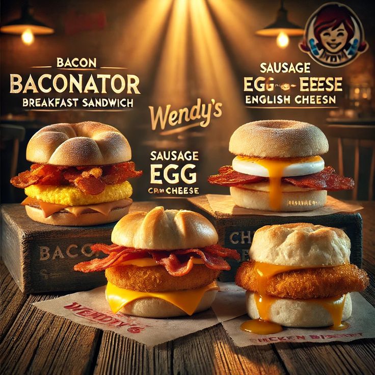Wendy's breakfast sandwiches with bacon, sausage, egg, and cheese on buns and English muffins under warm lighting.