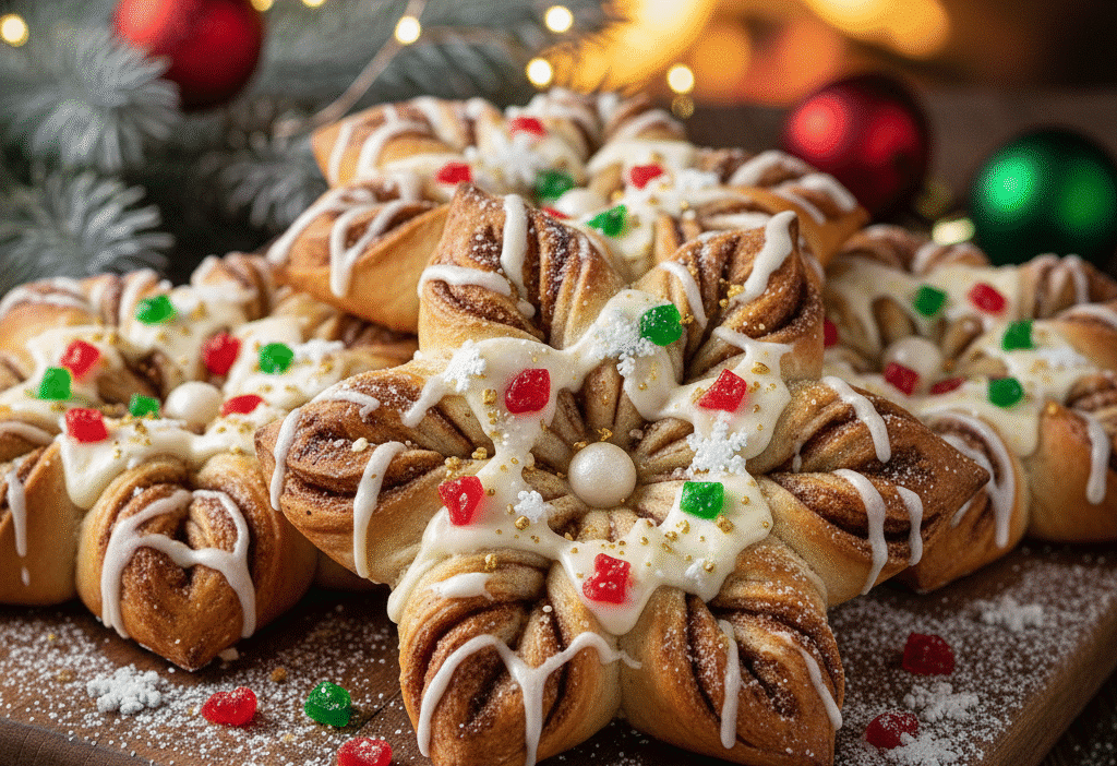 Festive star-shaped pastries with icing and colorful decorations on a wooden board, cozy holiday setting.