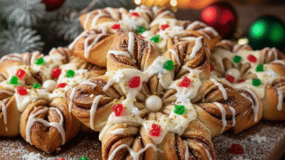 Festive star-shaped pastries with icing and colorful decorations on a wooden board, cozy holiday setting.