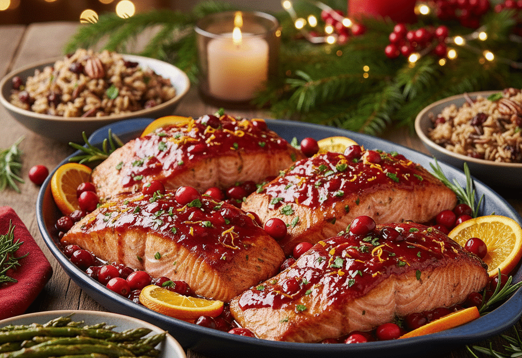 Festive glazed salmon with cranberries and oranges on a holiday table with rice and asparagus. Cozy candlelit setting.