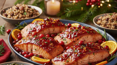 Festive glazed salmon with cranberries and oranges on a holiday table with rice and asparagus. Cozy candlelit setting.
