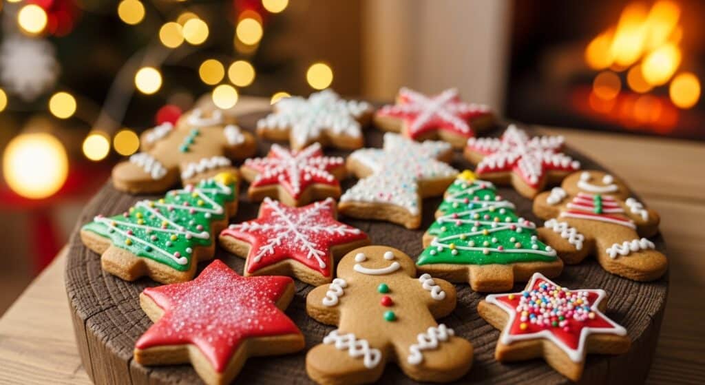 Festive gingerbread cookies in tree, star, and man shapes on a wooden platter, with holiday lights and fireplace background.