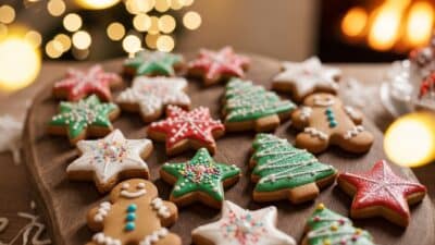 Festive Christmas cookies in star and tree shapes on wooden tray, with holiday lights in the background.