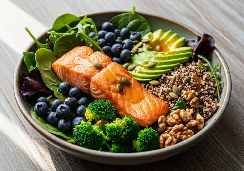 Healthy bowl with salmon, quinoa, avocado, blueberries, walnuts, spinach, arugula, and broccoli on a wooden surface.