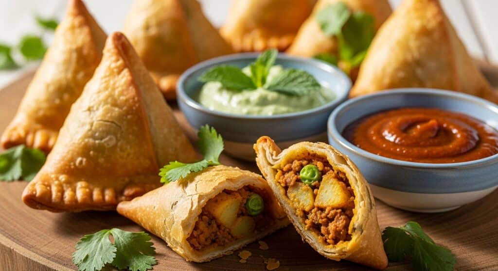 Crispy samosas with spicy filling and dips, garnished with fresh herbs on a wooden platter.