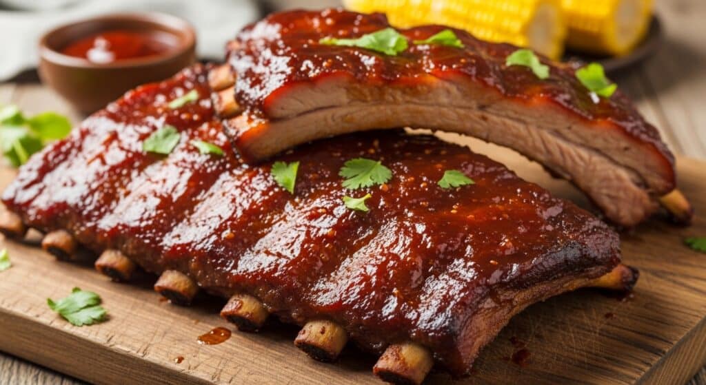 Succulent, barbecued pork ribs glazed with sauce, garnished with cilantro on a wooden board, with corn in the background.