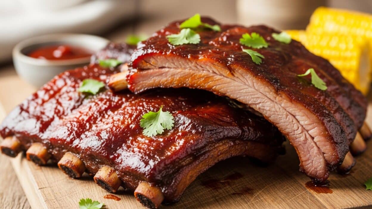 Delicious glazed pork ribs garnished with cilantro, served on a wooden board with corn in the background.