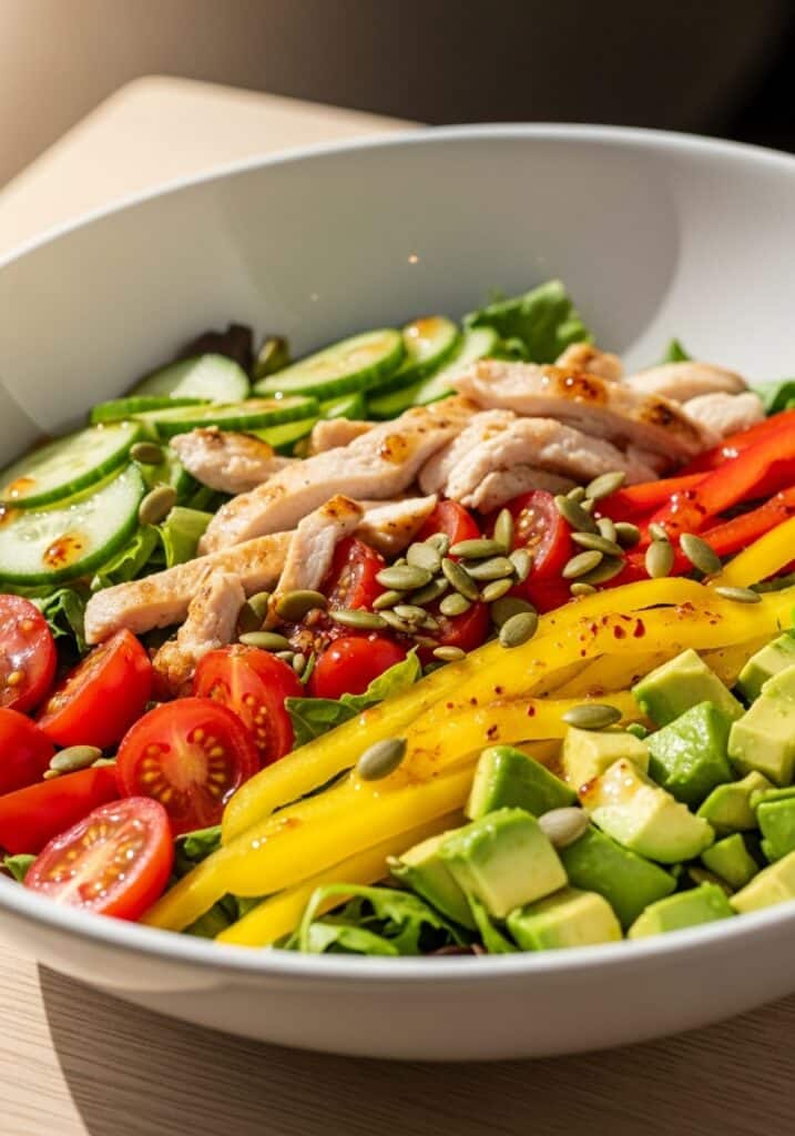 ai-generated-a_vibrant_and_artfully_arrange-2 - Delicious Weight Loss Salads: The Rainbow Power Bowl Fresh salad bowl with grilled chicken, avocado, tomatoes, cucumber, bell peppers, and pumpkin seeds. Healthy meal option.