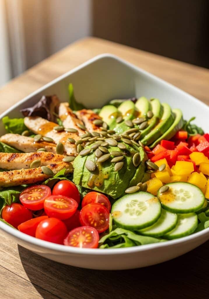 ai-generated-a_vibrant_and_artfully_arrange-3 - Delicious Weight Loss Salads: The Rainbow Power Bowl Fresh salad with grilled chicken, avocado, cherry tomatoes, cucumbers, and bell peppers topped with seeds in a white bowl.