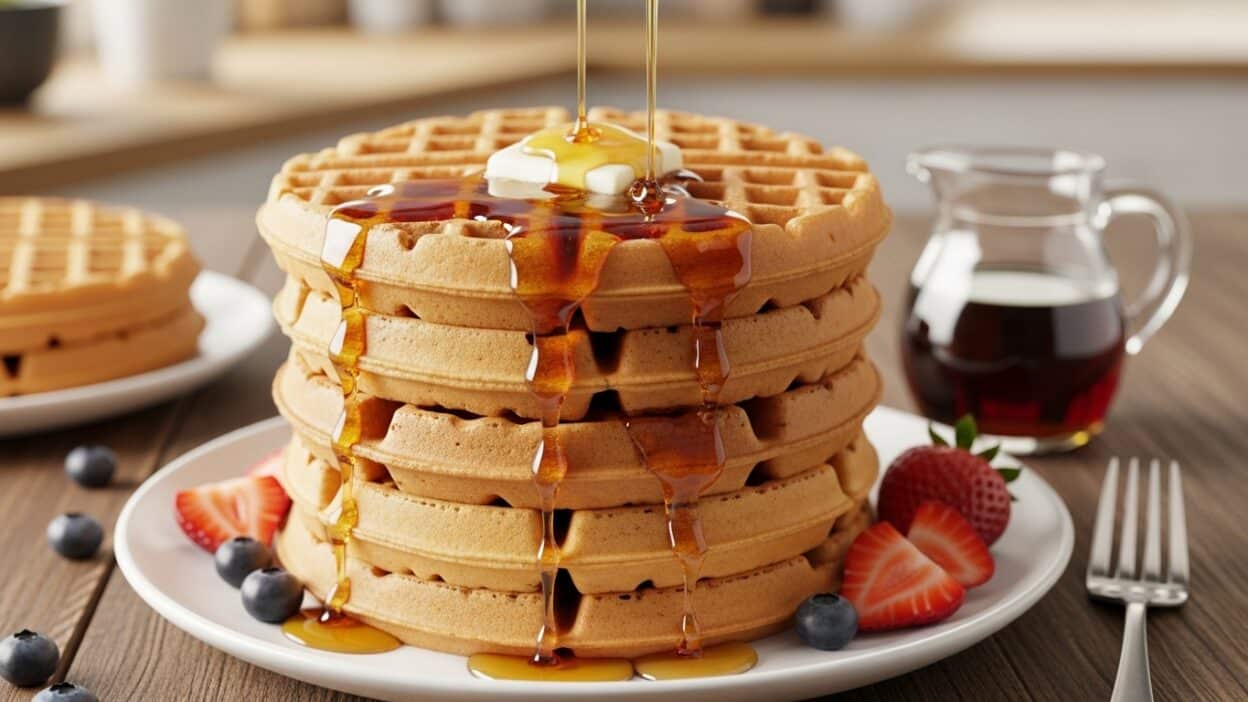 Stack of waffles with syrup, butter, strawberries, and blueberries on a wooden table.