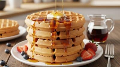 Stack of waffles with syrup, butter, strawberries, and blueberries on a wooden table.