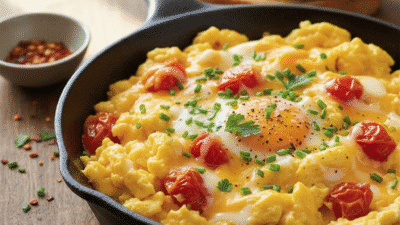 Scrambled eggs with cherry tomatoes and herbs in a cast iron skillet, served with toasted bread on a wooden table.