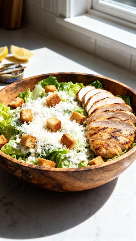 cesar salad recipe - Classic Caesar Salad: Homemade Recipe - Chief Stories Fresh Caesar salad with grilled chicken, croutons, and parmesan in a wooden bowl, perfect for a healthy meal.