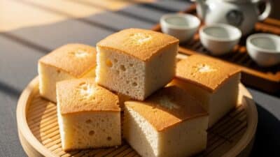 Golden slices of fluffy sponge cake served on a bamboo tray with tea set in soft, warm lighting.