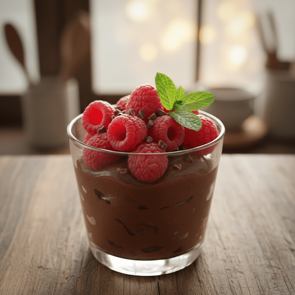 generated-image 1 - Quick Cacao Dessert: Easy No-Bake Treat in Minutes | Chocolate mousse in a glass garnished with fresh raspberries and mint on a rustic wooden table.