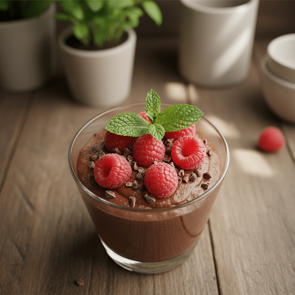 generated-image - Quick Cacao Dessert: Easy No-Bake Treat in Minutes | Chocolate mousse topped with fresh raspberries, cacao nibs, and mint in a glass on a wooden table.