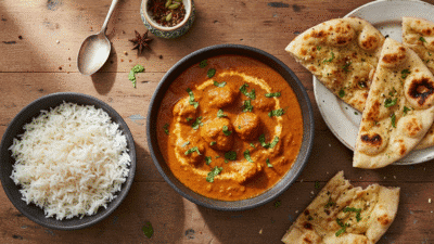 Butter chicken curry with naan bread and basmati rice on a wooden table, garnished with herbs for an Indian meal setting.