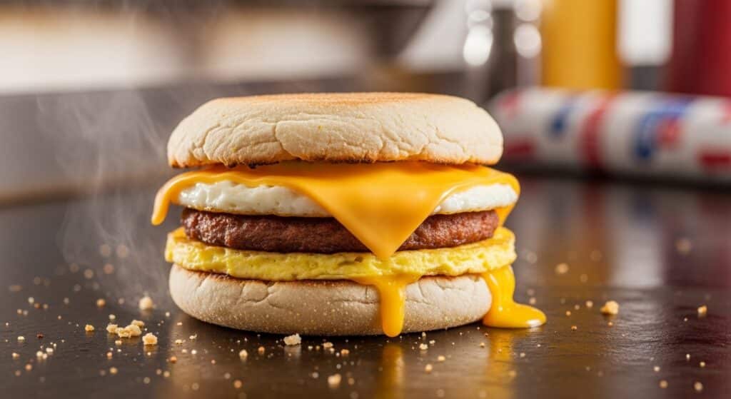 Steaming breakfast sandwich with melted cheese, egg, sausage, in an English muffin, on a hot griddle.