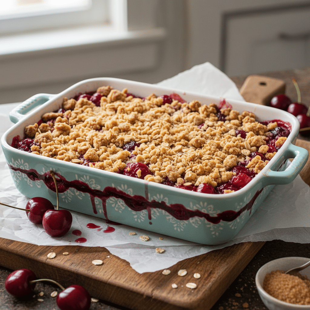 Homemade cherry crumble in a decorative baking dish, topped with golden oat streusel, surrounded by fresh cherries.
