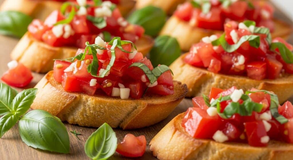 Delicious bruschetta topped with tomatoes, garlic, and basil on a wooden board, perfect appetizer for any occasion.