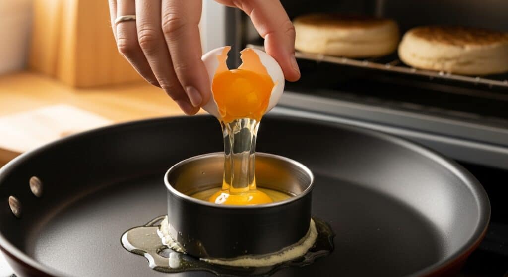 Person cracking an egg into a pan with food ring, preparing eggs for breakfast.