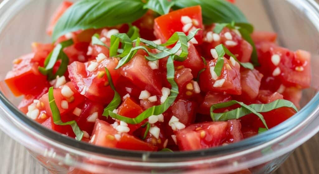 Fresh tomato salad with basil and garlic in a glass bowl, ideal for healthy summer recipes and vegetarian meals.