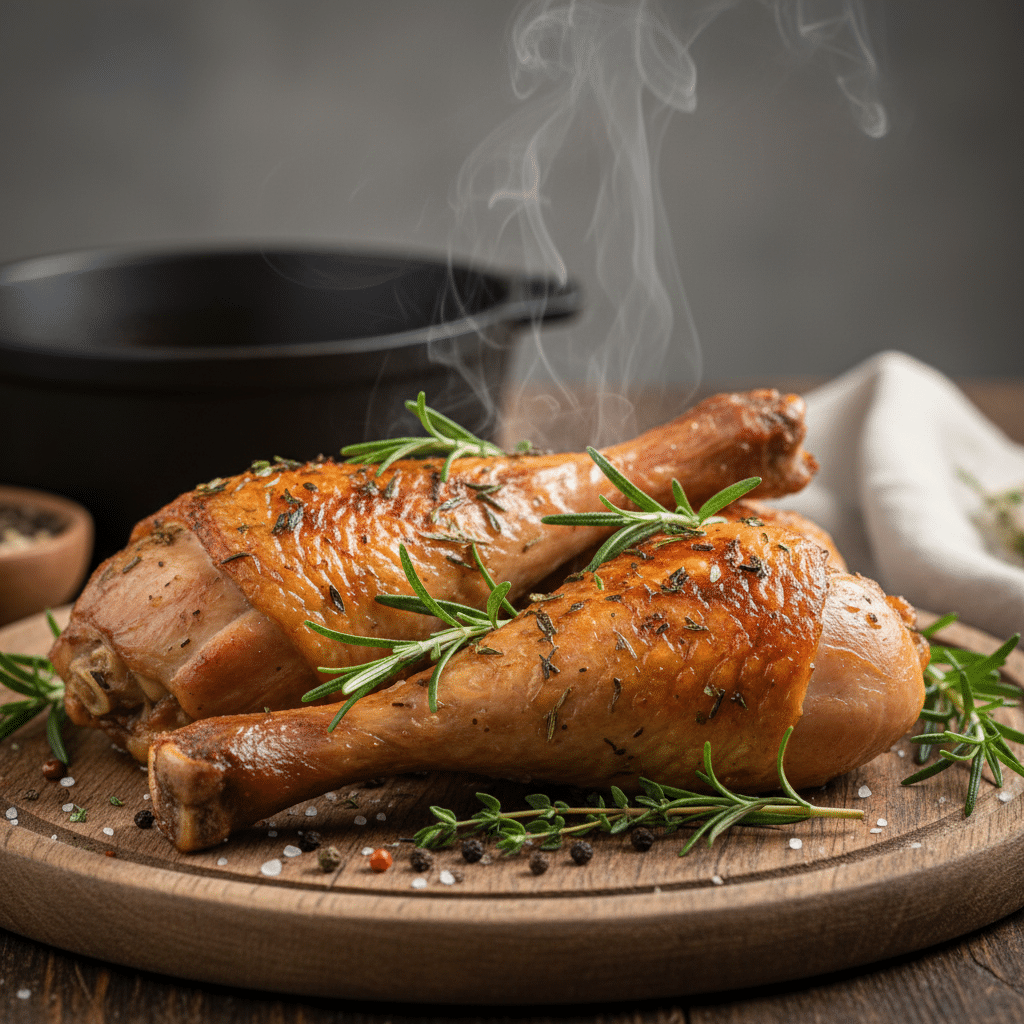 Roasted chicken drumsticks garnished with fresh rosemary and spices on a wooden board, with steaming aroma.