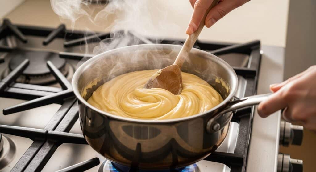 image - Speedy Cheese Puffs: Your New Go-To Cheesy Delight! | Stirring creamy polenta in a pot on a stovetop, with steam rising.