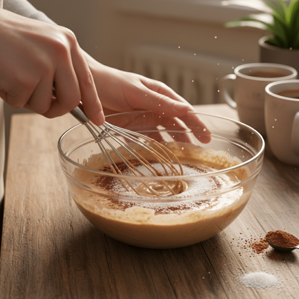 image - Quick Cacao Dessert: Easy No-Bake Treat in Minutes | Person whisking cinnamon and sugar into batter in a glass bowl on a wooden table.