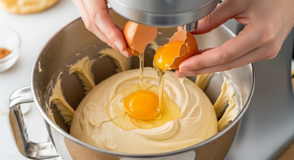 image - Speedy Cheese Puffs: Your New Go-To Cheesy Delight! | Adding eggs to cake batter in a mixer for baking preparation.