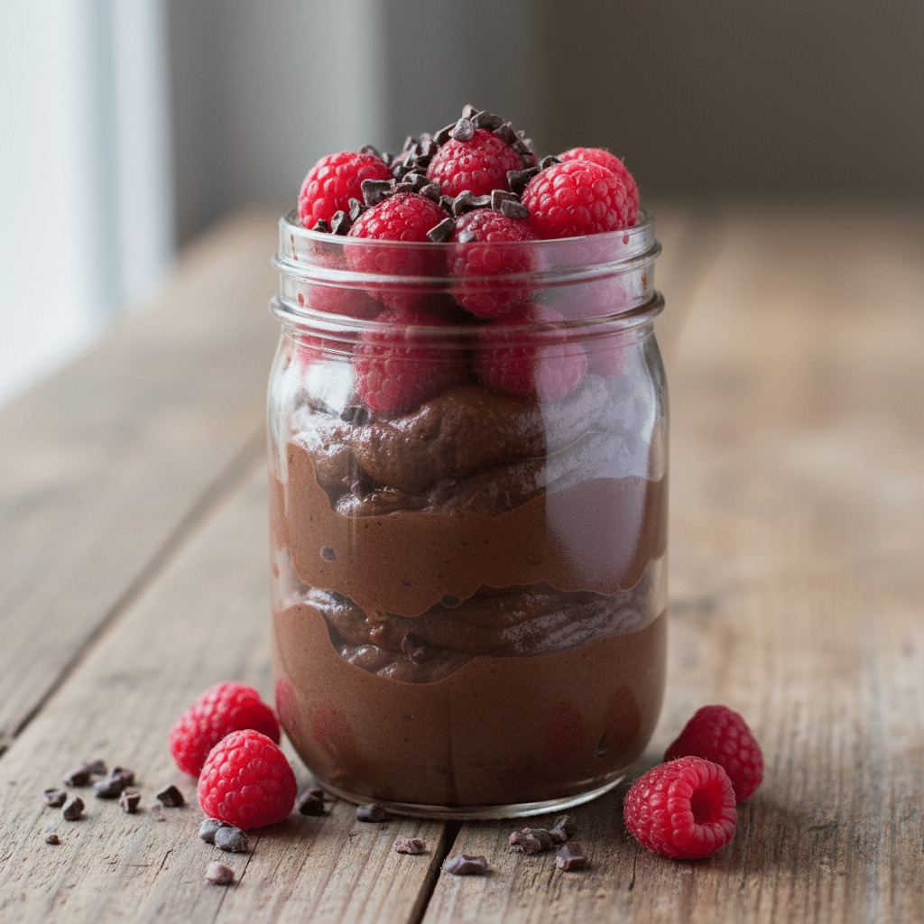 image - Quick Cacao Dessert: Easy No-Bake Treat in Minutes | Creamy chocolate mousse in a jar topped with fresh raspberries and chocolate shavings, on a rustic wooden table.
