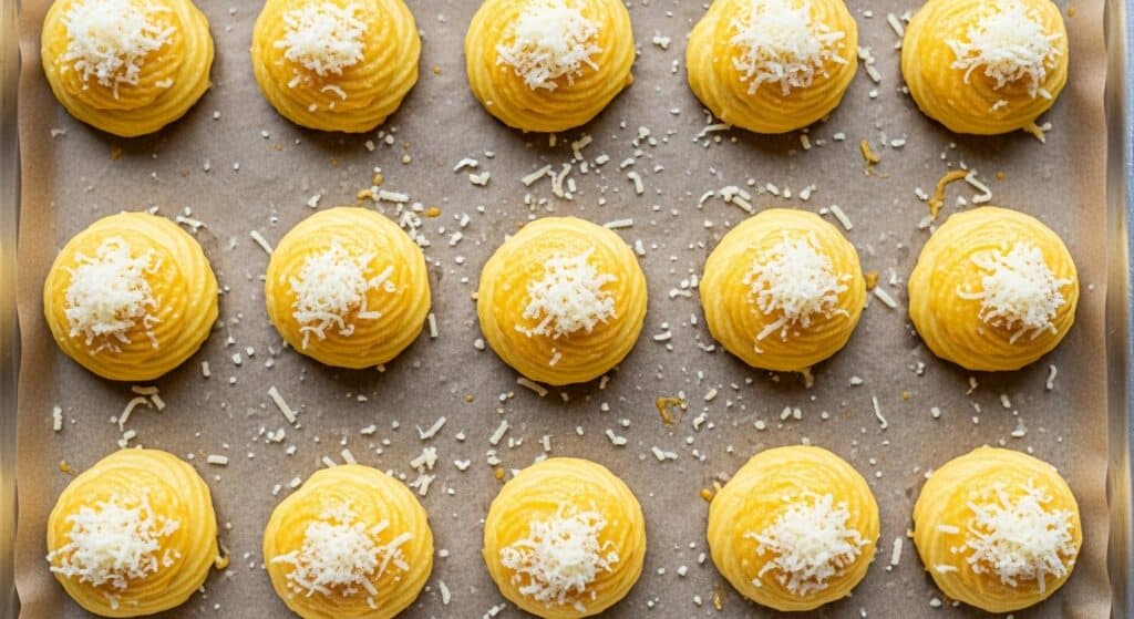 image - Speedy Cheese Puffs: Your New Go-To Cheesy Delight! | Golden cheesy buns topped with grated cheese on a baking tray, perfect for a delicious savory treat.
