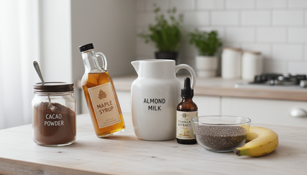 image - Quick Cacao Dessert: Easy No-Bake Treat in Minutes | Vegan smoothie ingredients: cacao powder, maple syrup, almond milk, vanilla extract, chia seeds, banana.