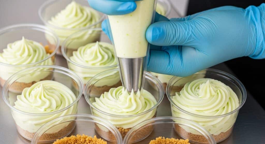 Person piping lime mousse into dessert cups with blue gloves.