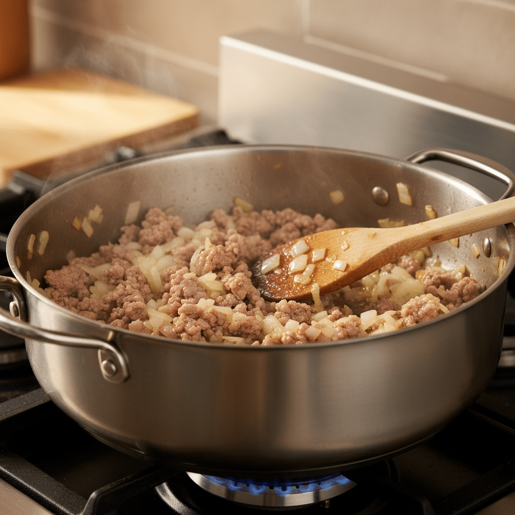 image - One-Pan Spanish Style Meat and Tomato Rice: Your New Weeknight Hero! | Cooking minced meat and onions in a skillet on a stove for a homemade meal recipe.