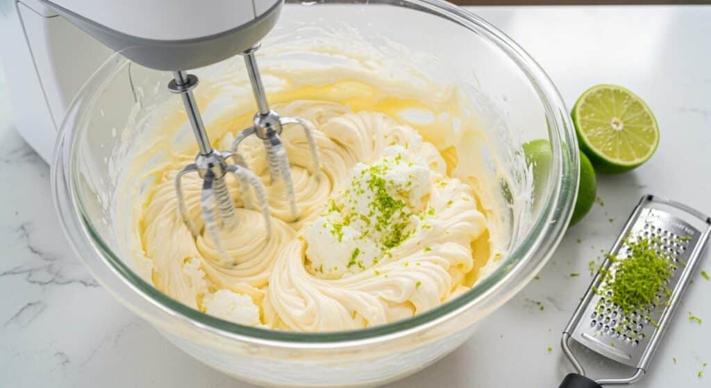 Mixing lime zest into cream in a glass bowl with an electric mixer on a kitchen counter.