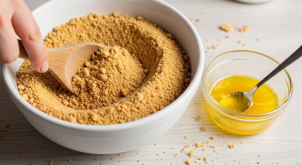 Mixing graham cracker crumbs with melted butter in a white bowl for a cheesecake crust.