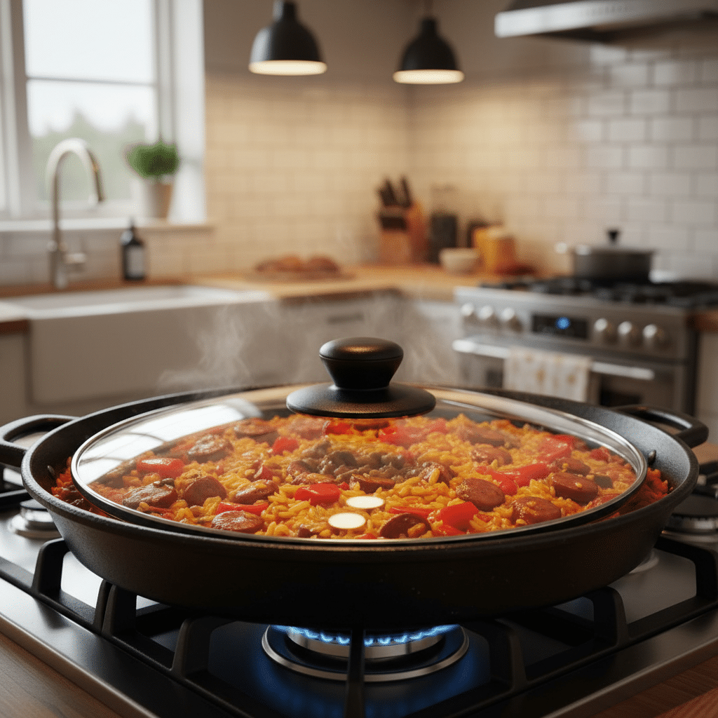 image - One-Pan Spanish Style Meat and Tomato Rice: Your New Weeknight Hero! | Steaming pot of delicious paella cooking on a modern stovetop in cozy kitchen ambiance.