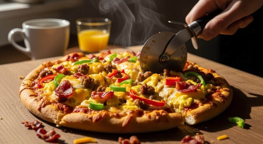 Freshly baked pizza with peppers and sausage being sliced. Coffee and juice in the background perfect brunch scene.