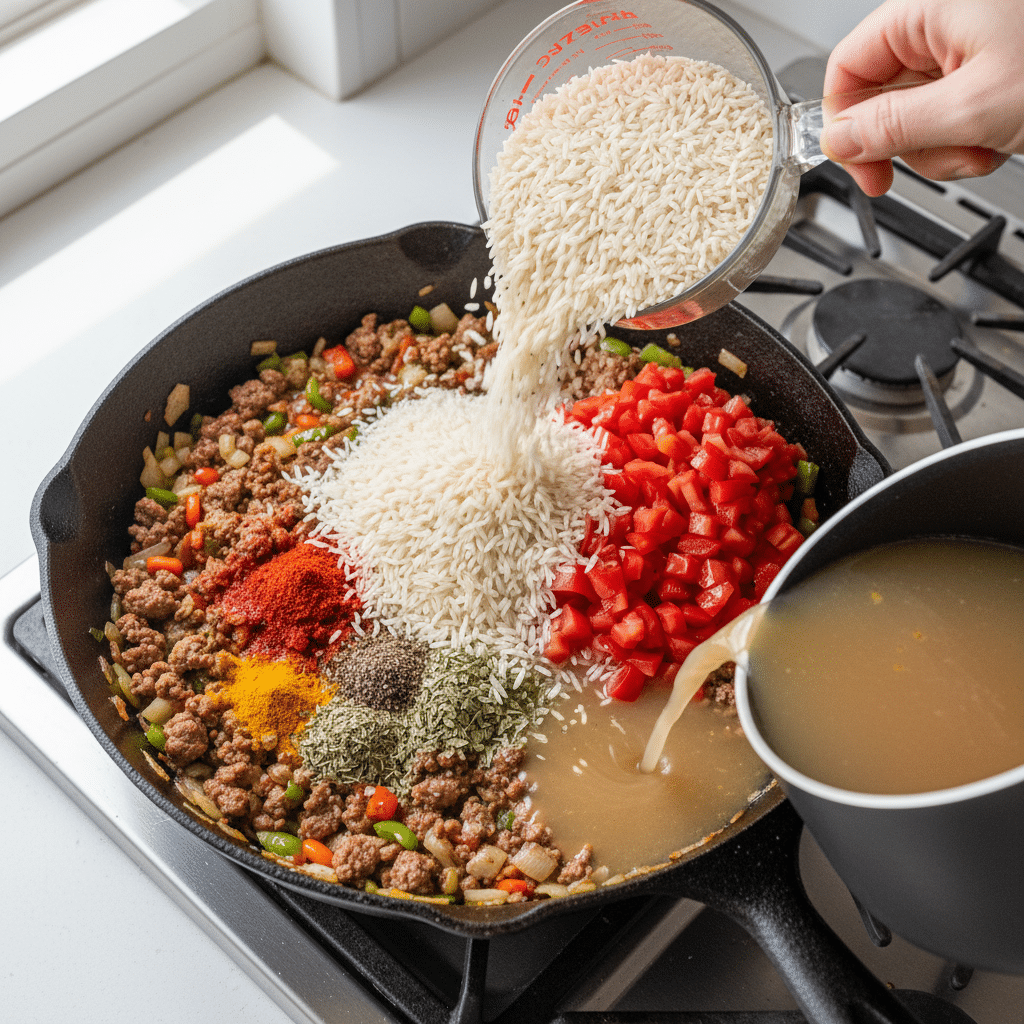 image - One-Pan Spanish Style Meat and Tomato Rice: Your New Weeknight Hero! | Cooking rice with ground meat, vegetables, and spices in a skillet, adding broth on a stove.