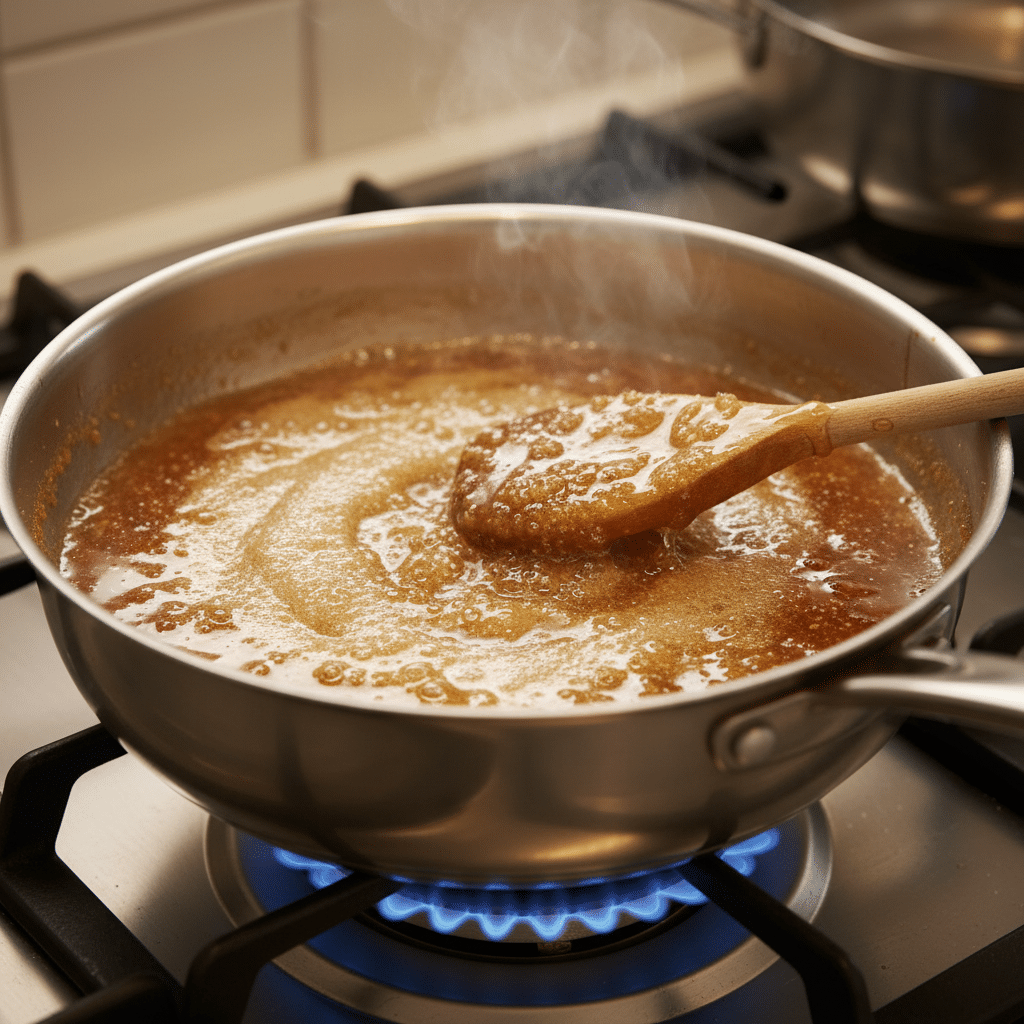 image - Indulge in Sweet Nostalgia: The Ultimate Homemade Honey Cake Recipe | Caramel sauce simmering in a pan with a wooden spoon, on a stove over blue flames.