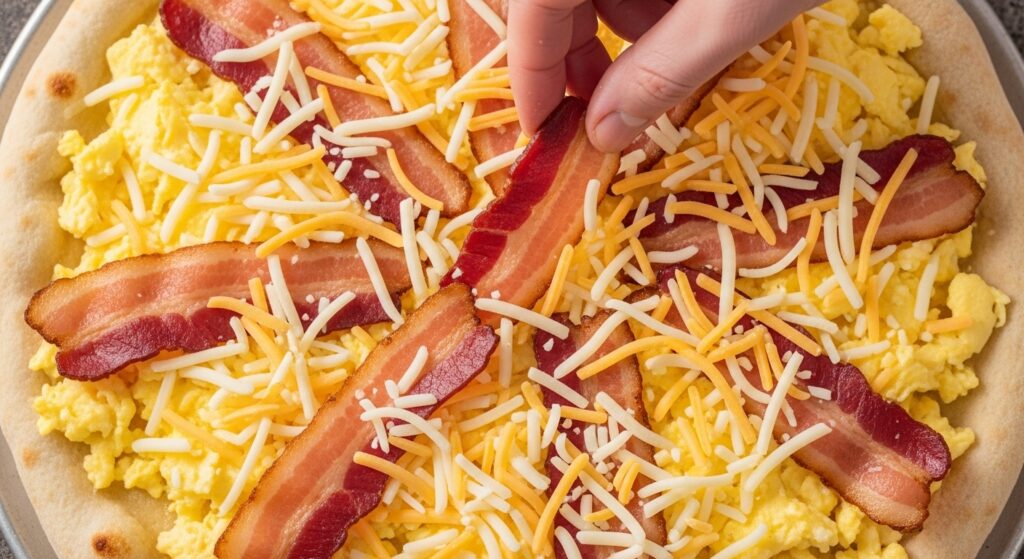 Hand placing bacon on breakfast pizza with scrambled eggs and cheese.