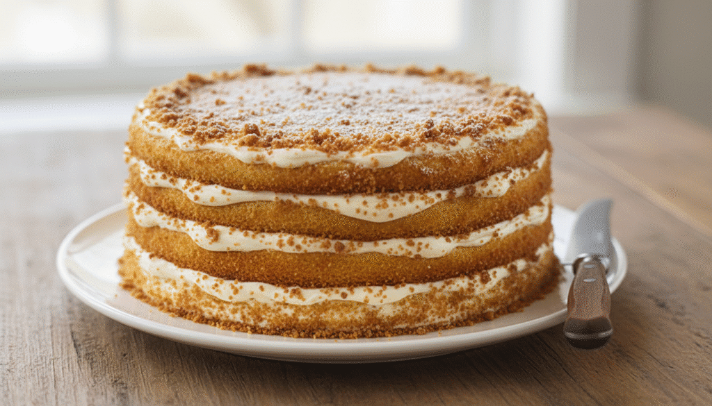 image - Indulge in Sweet Nostalgia: The Ultimate Homemade Honey Cake Recipe | Delicious layered cake with creamy frosting and crumb topping on a white plate, perfect for dessert lovers.