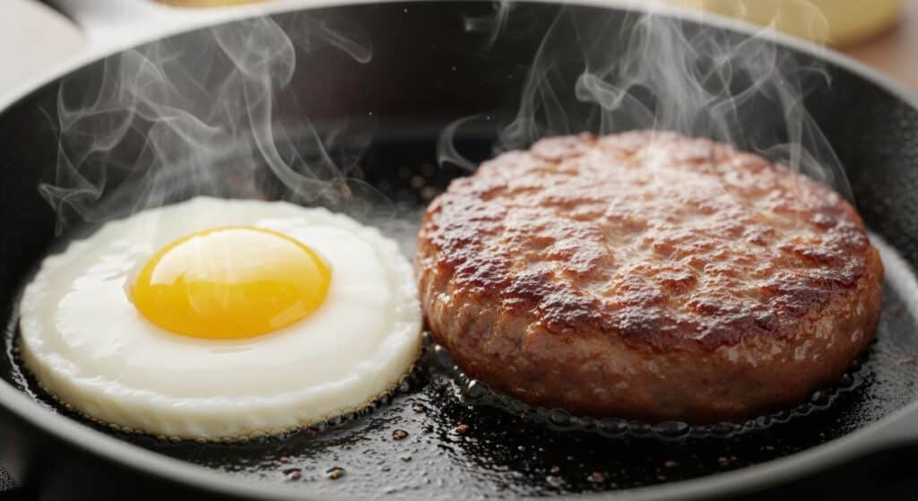 Sunny side up egg and sizzling sausage patty in a hot skillet, perfect breakfast cooking scene.