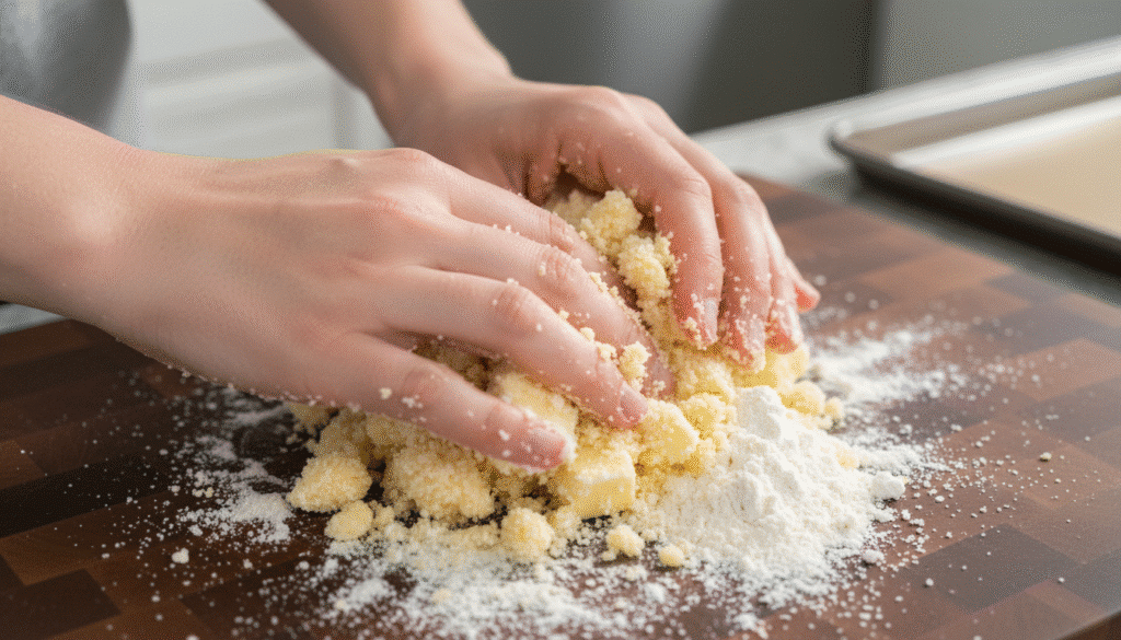 Hands mixing flour and butter on a wooden board, making pastry dough from scratch in a kitchen.