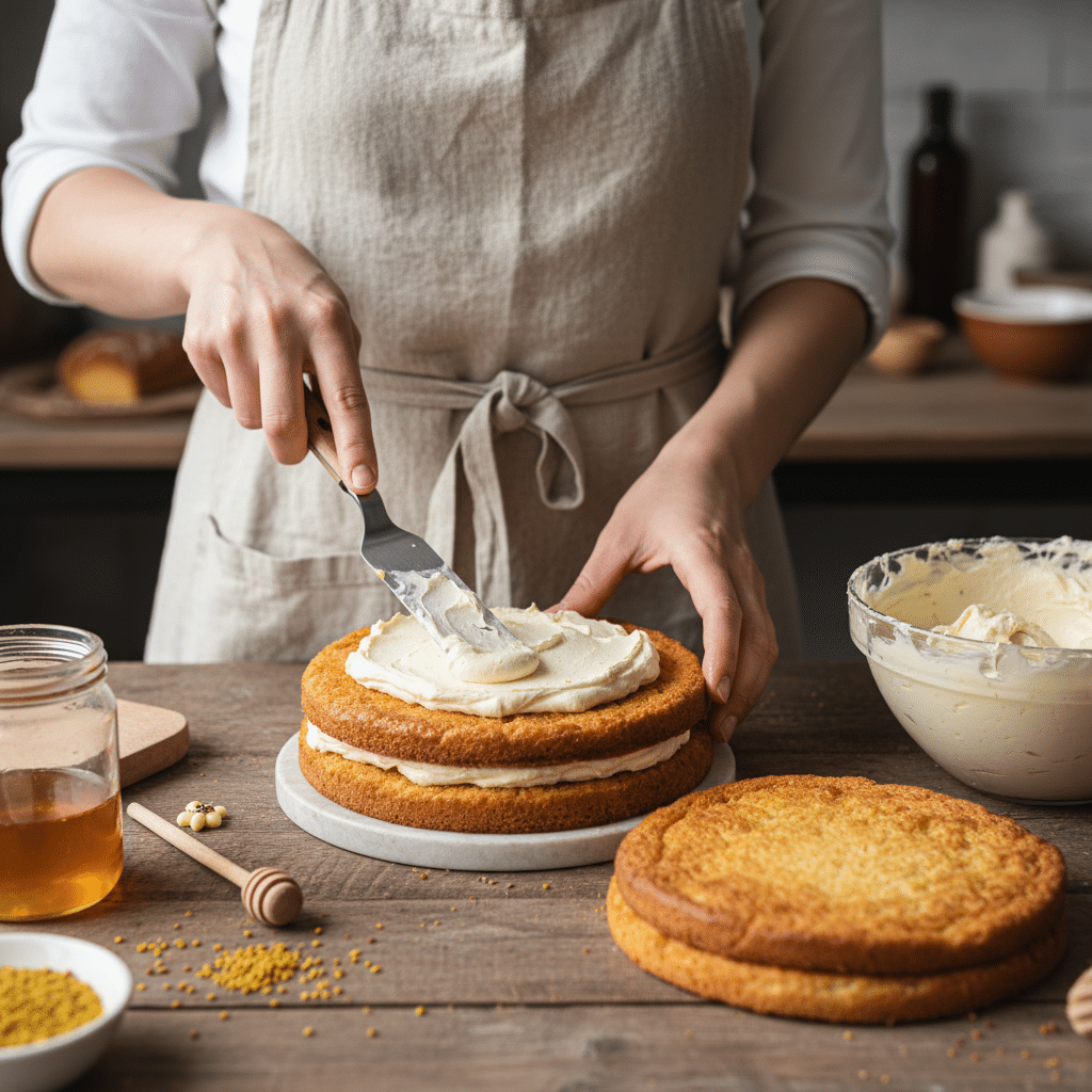 image - Indulge in Sweet Nostalgia: The Ultimate Homemade Honey Cake Recipe | Person frosting a homemade cake with cream, next to honey and ingredients on a wooden kitchen table.
