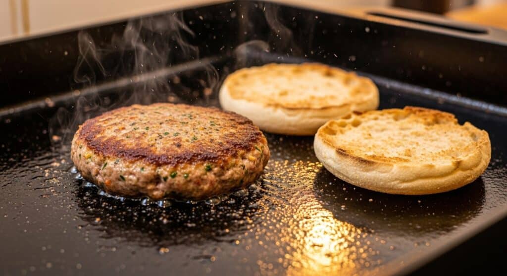 Steaming burger patty and toasted buns on a hot skillet, ready for assembly.
