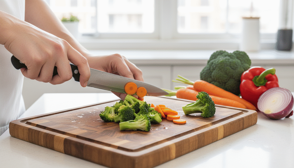 image - The Ultimate Creamy Broccoli Cheddar Soup: A Cozy Classic | Slicing carrots and broccoli on a wooden cutting board in a bright kitchen with fresh vegetables.