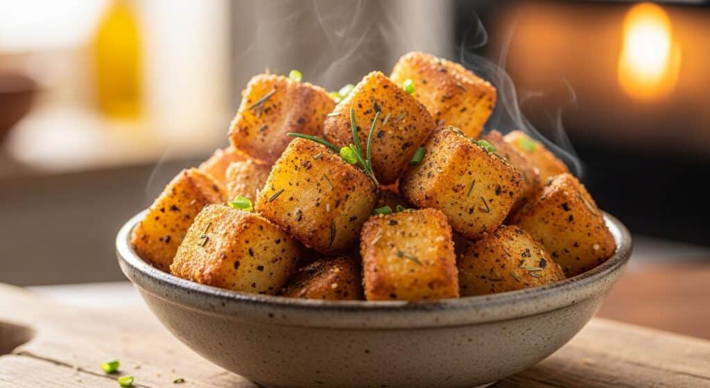 Crispy, seasoned potato cubes steaming hot in a bowl, garnished with herbs, perfect for a savory dish.