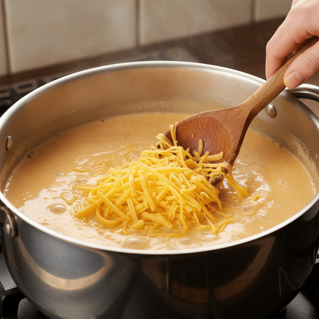 image - The Ultimate Creamy Broccoli Cheddar Soup: A Cozy Classic | Shredded cheese being stirred into a creamy sauce in a pot, creating a delicious cheesy mixture.